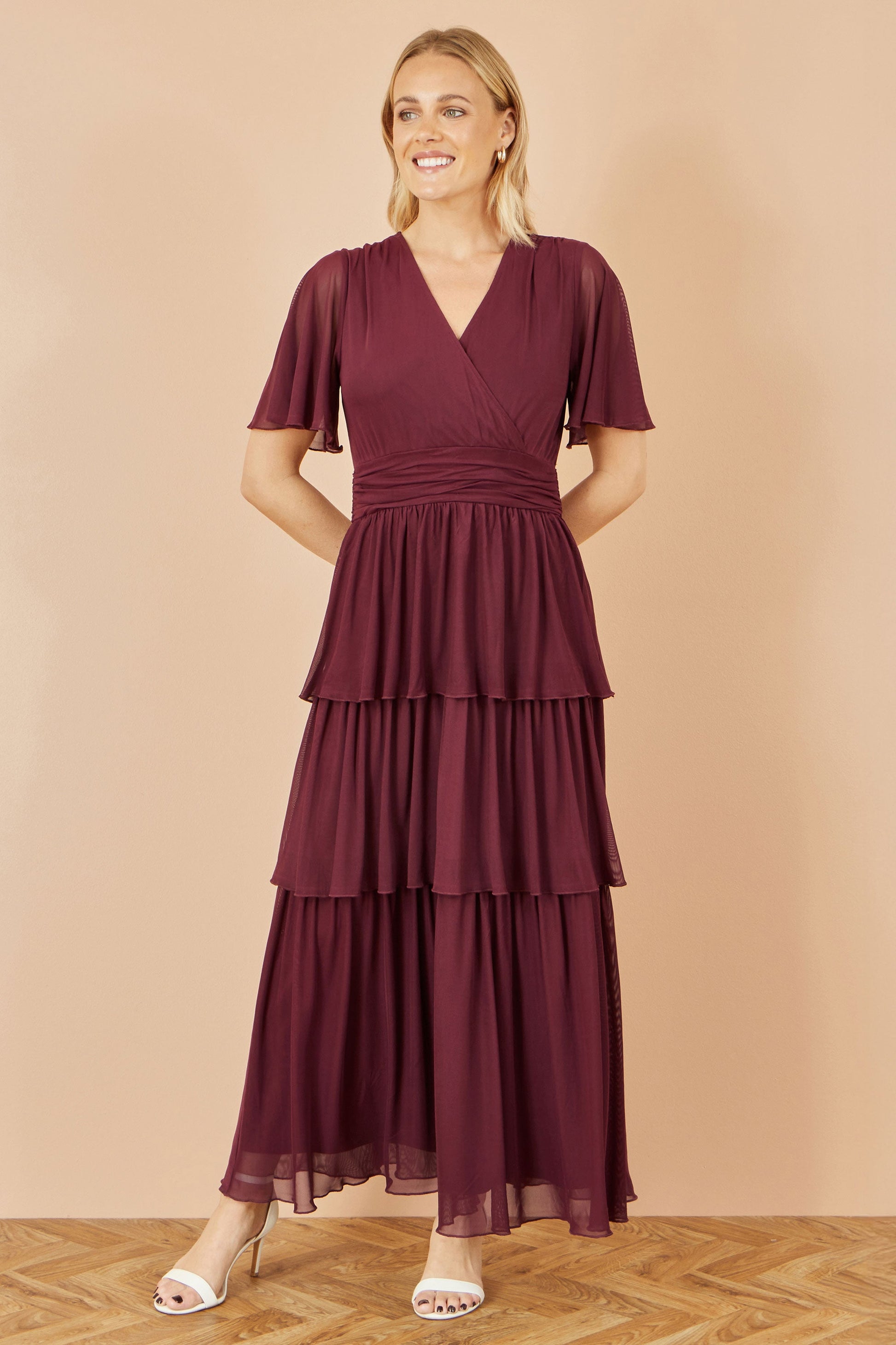 burgundy mesh dress Yumi Burgundy Mesh Tiered Maxi Dress