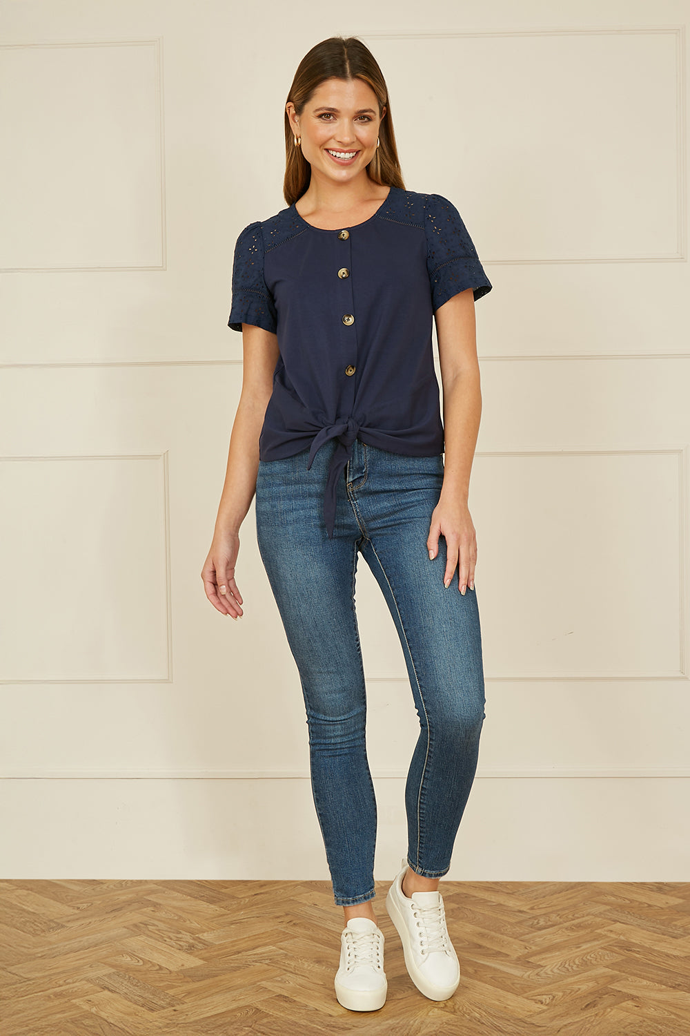 Navy Jersey Button Detail T-Shirt With Broderie Anglaise Sleeves And Tie Front
