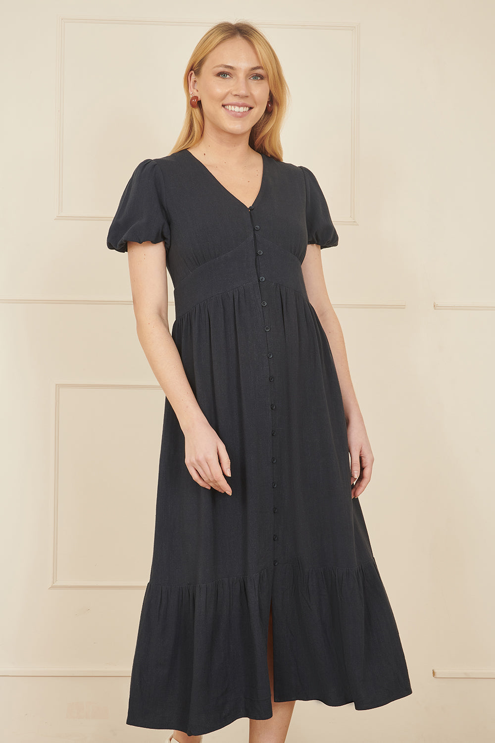 Navy Viscose Button Through Midi Dress