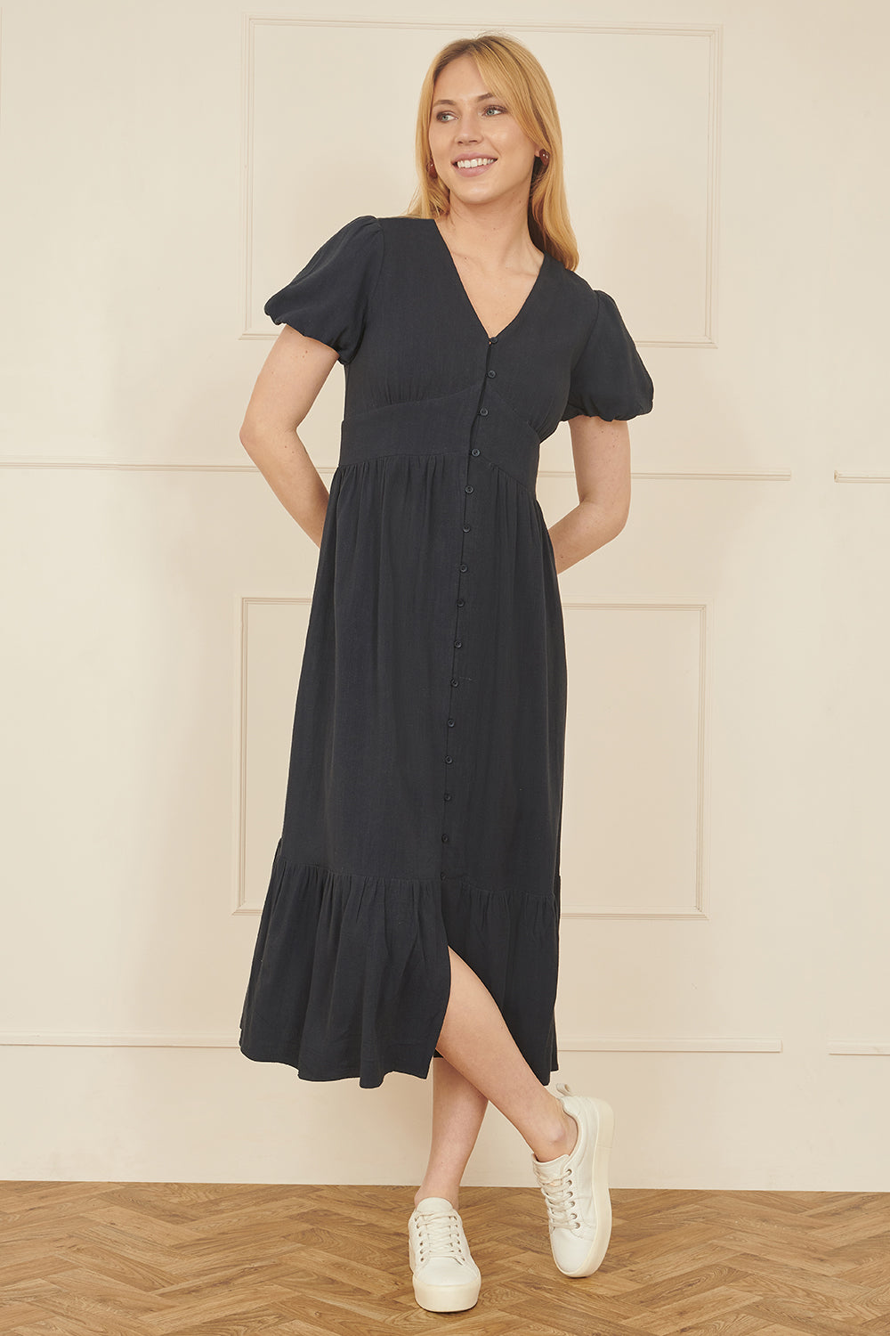 Navy Viscose Button Through Midi Dress