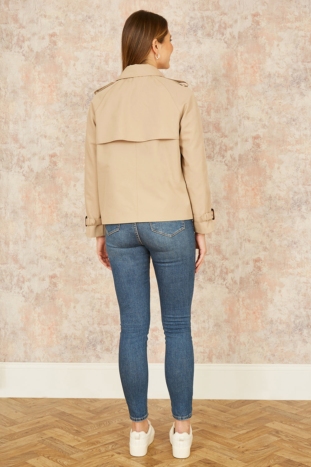 Beige Cropped Trench Jacket With Pockets and Check Lining