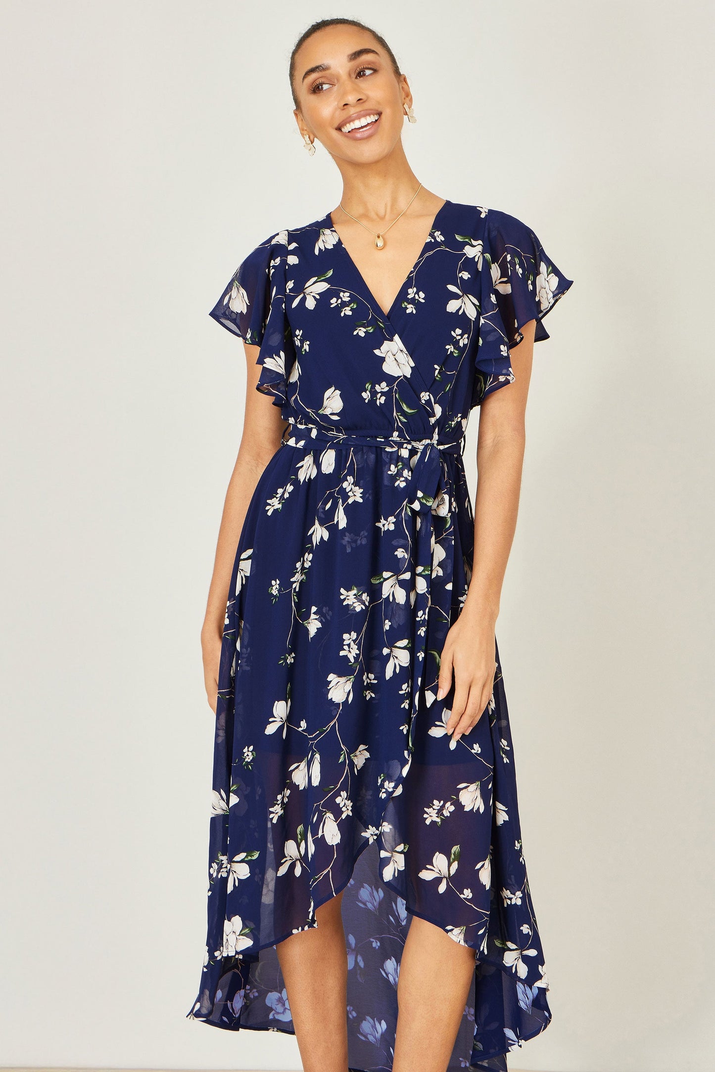 Navy Floral Wrap Midi Dress With Frill Hem