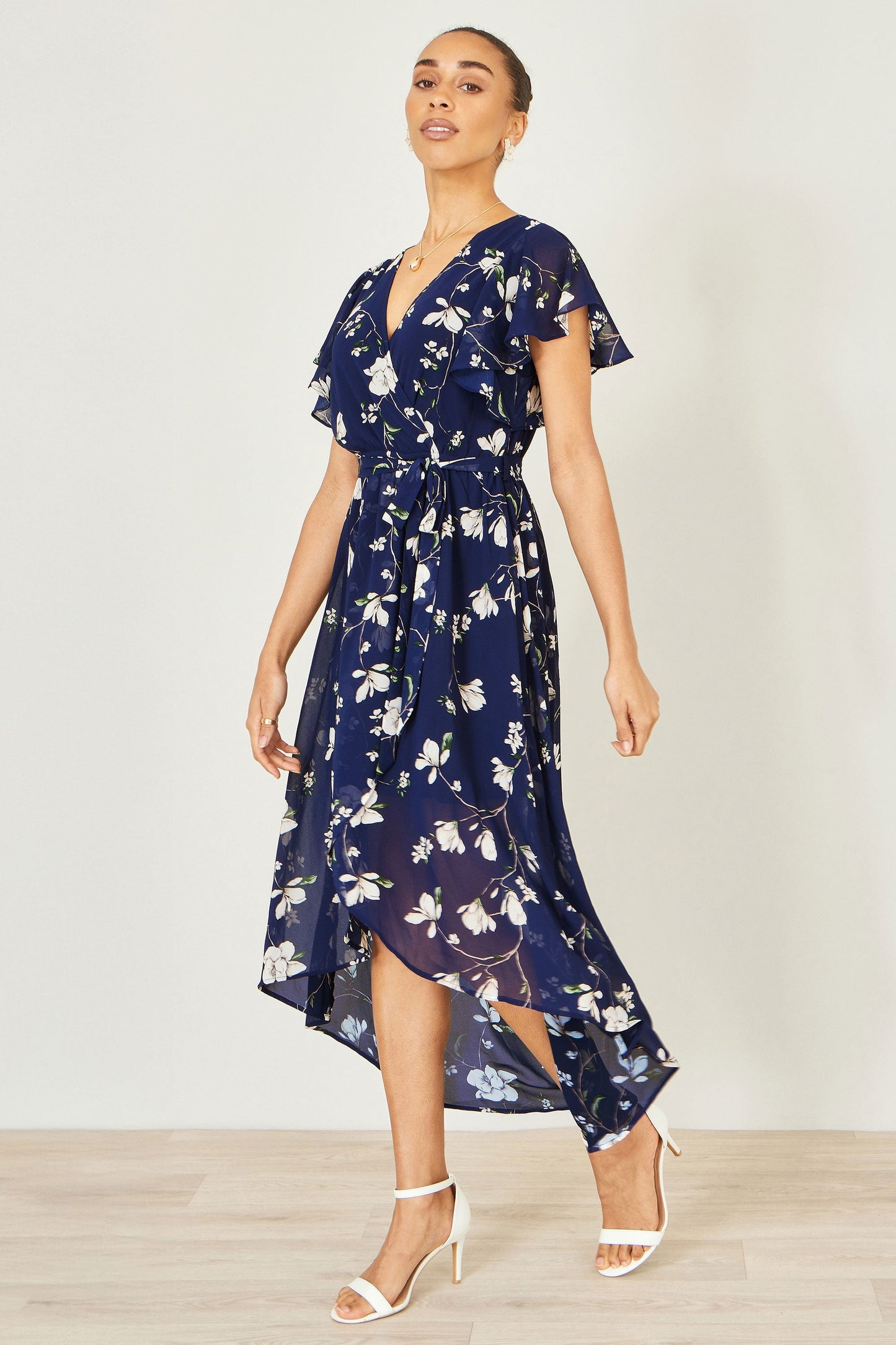 Navy Floral Wrap Midi Dress With Frill Hem