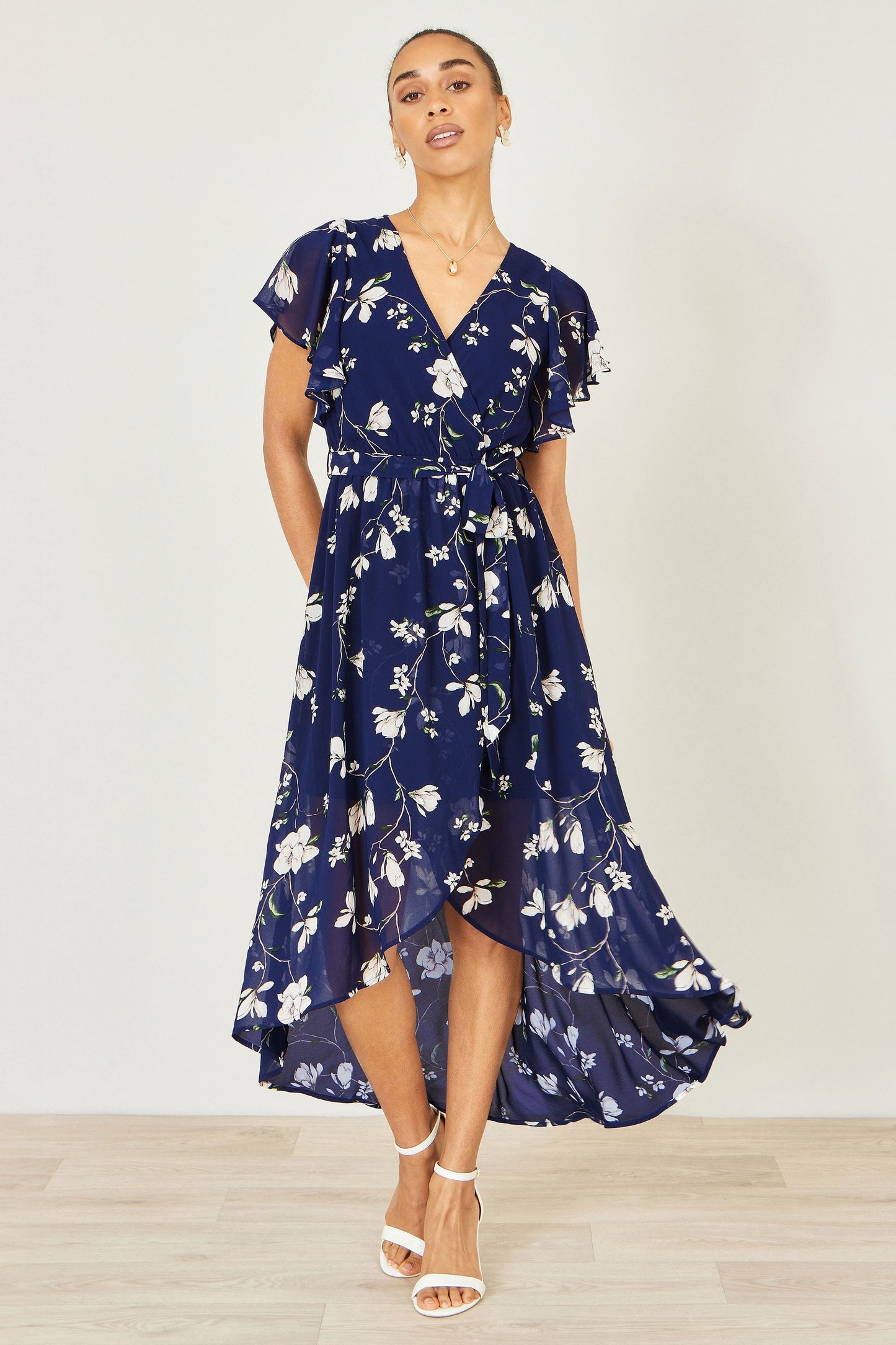Navy Floral Wrap Midi Dress With Frill Hem