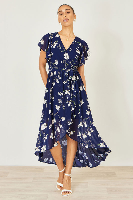 Navy Floral Wrap Midi Dress With Frill Hem