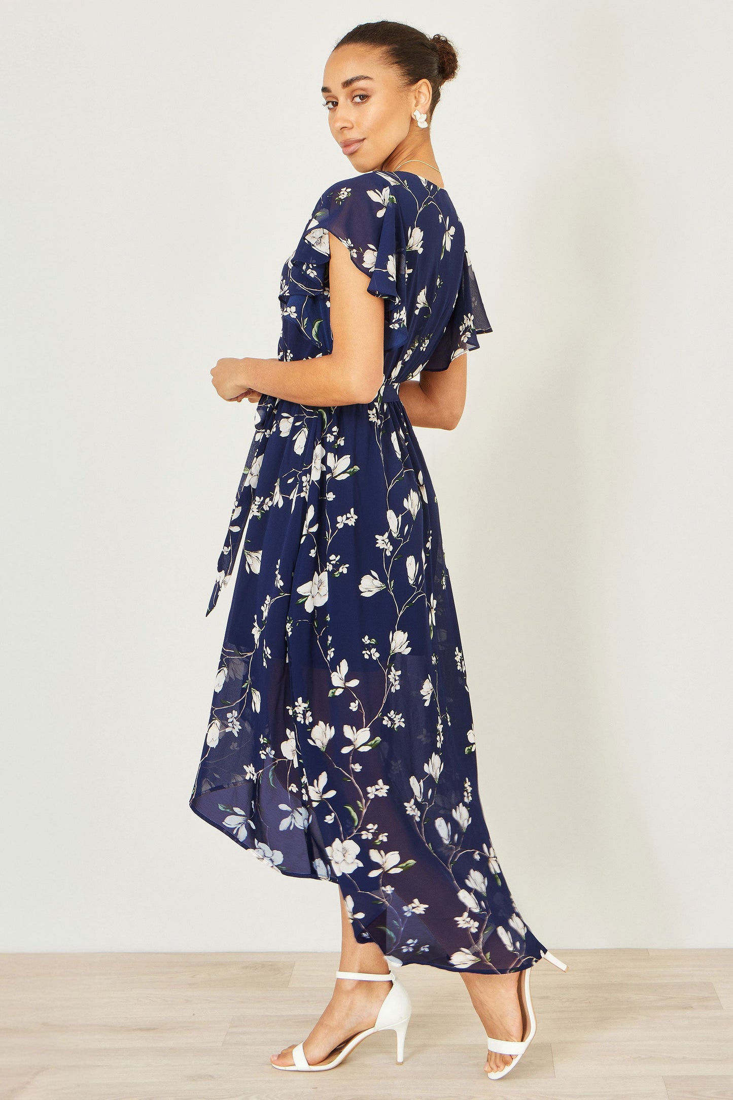 Navy Floral Wrap Midi Dress With Frill Hem