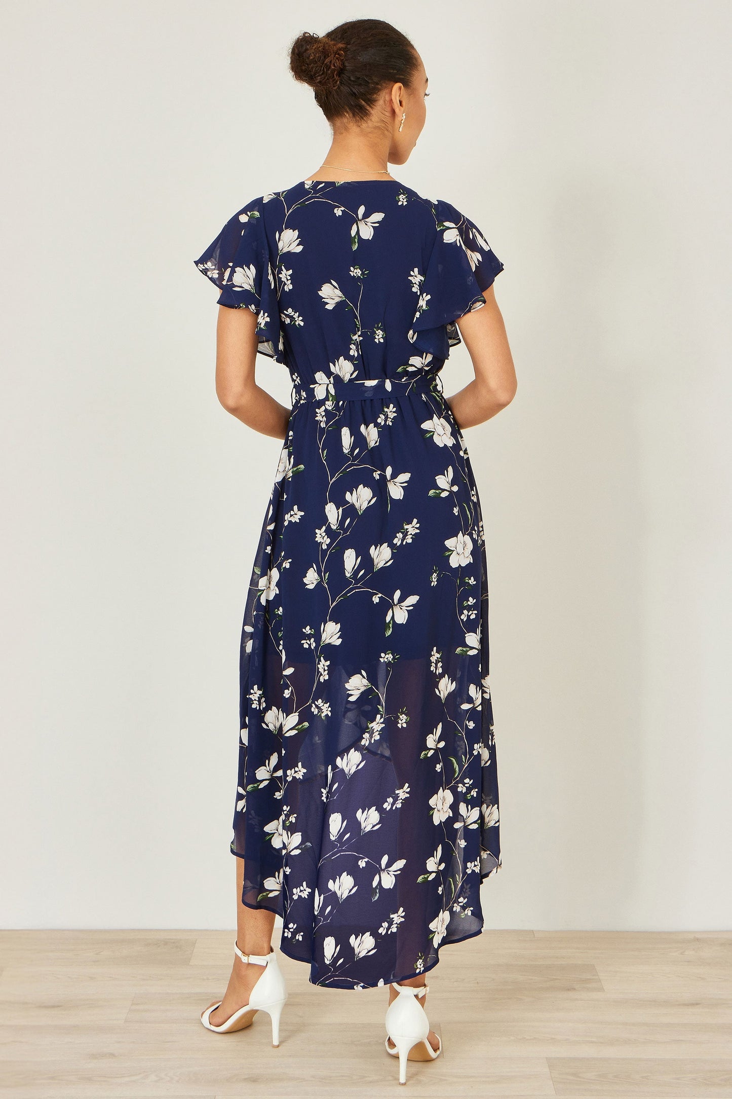 Navy Floral Wrap Midi Dress With Frill Hem