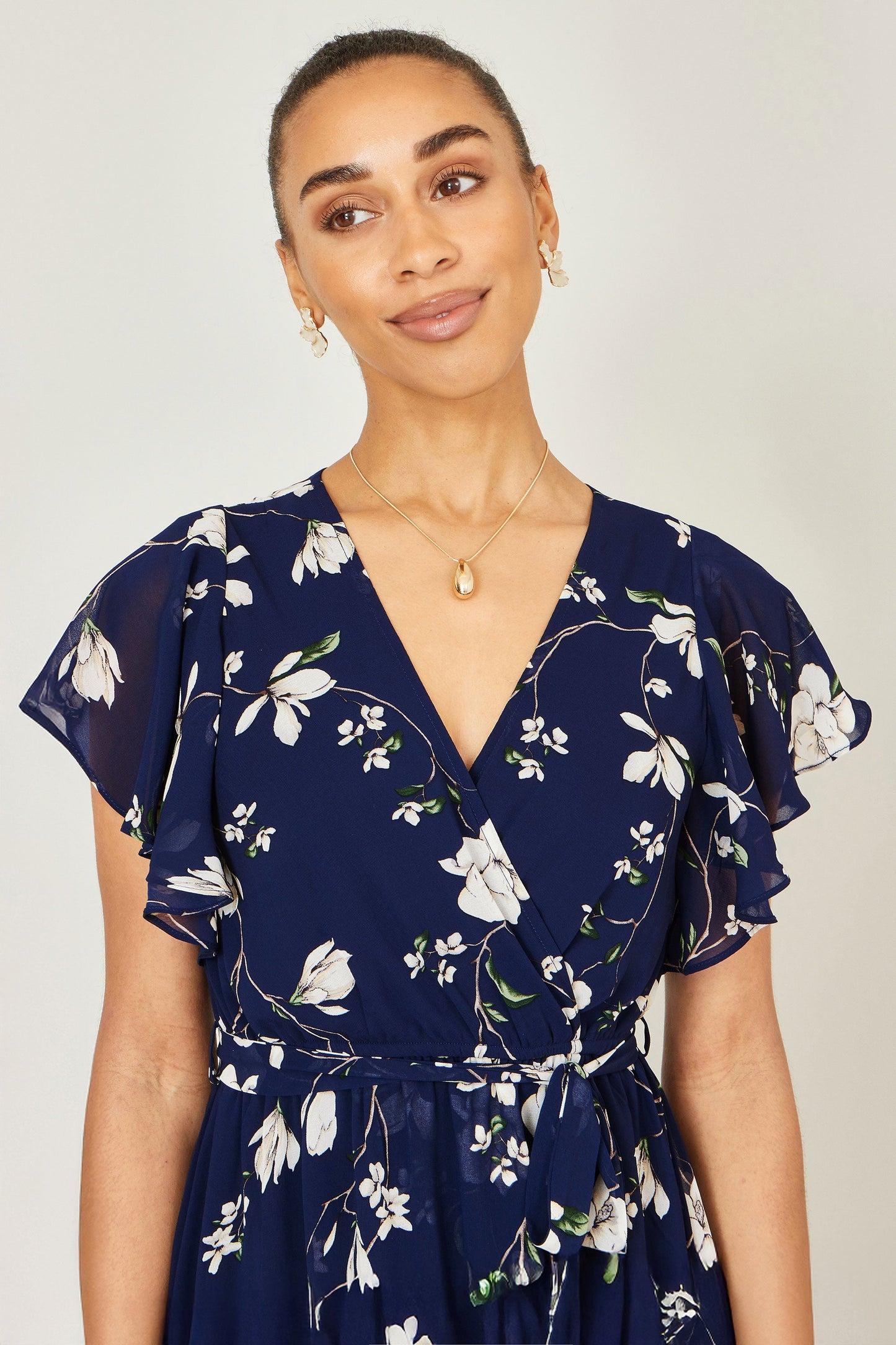 Navy Floral Wrap Midi Dress With Frill Hem