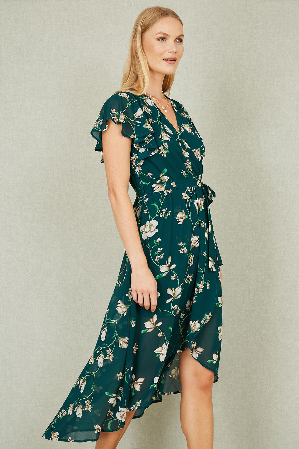 Green Floral Wrap Midi Dress With Frill Hem