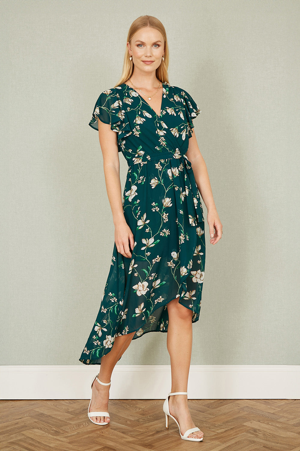 Green Floral Wrap Midi Dress With Frill Hem