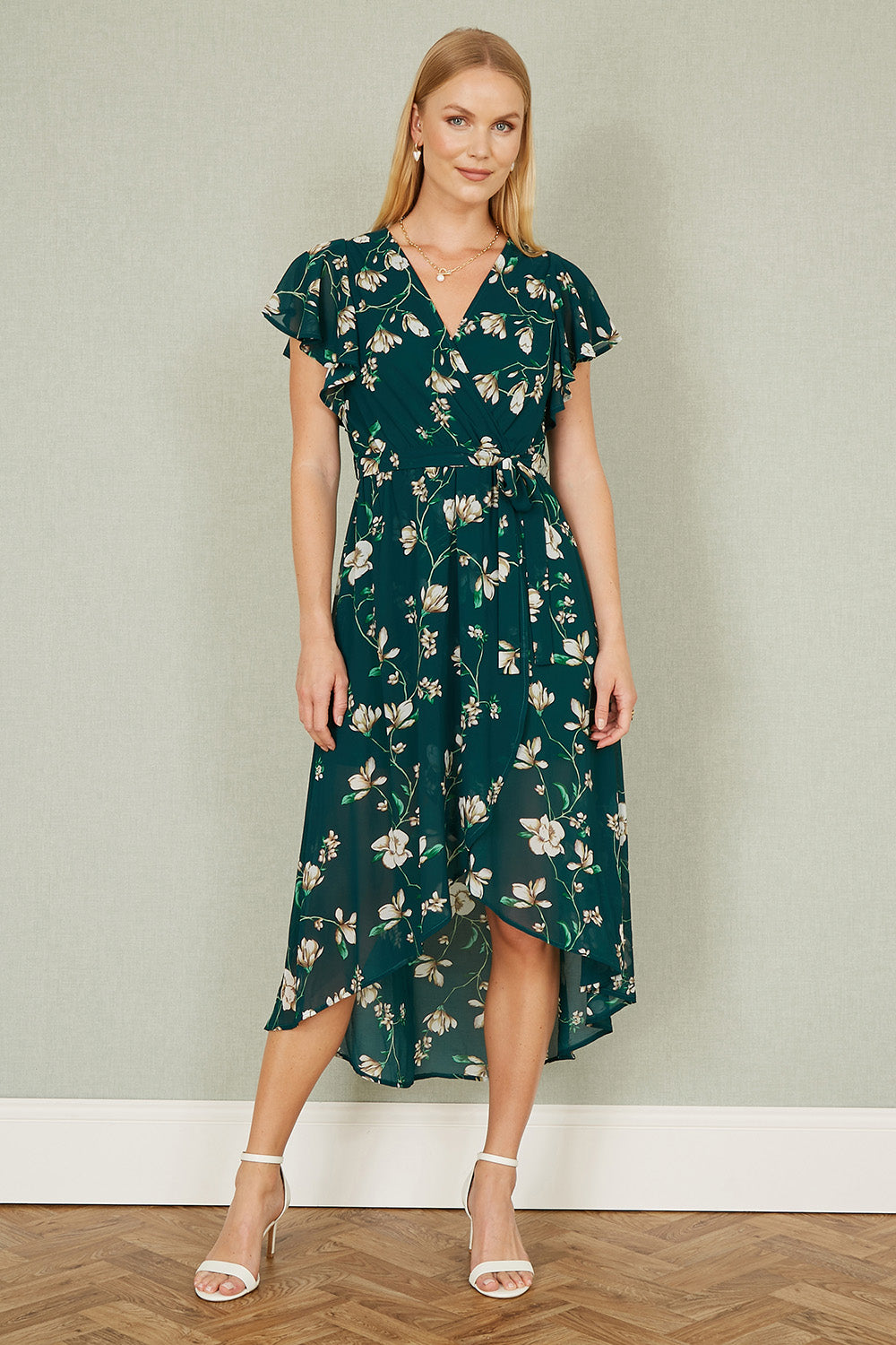 Green Floral Wrap Midi Dress With Frill Hem