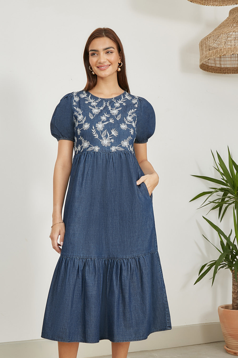Puff Sleeve Embroidered Chambray Denim Midi Dress