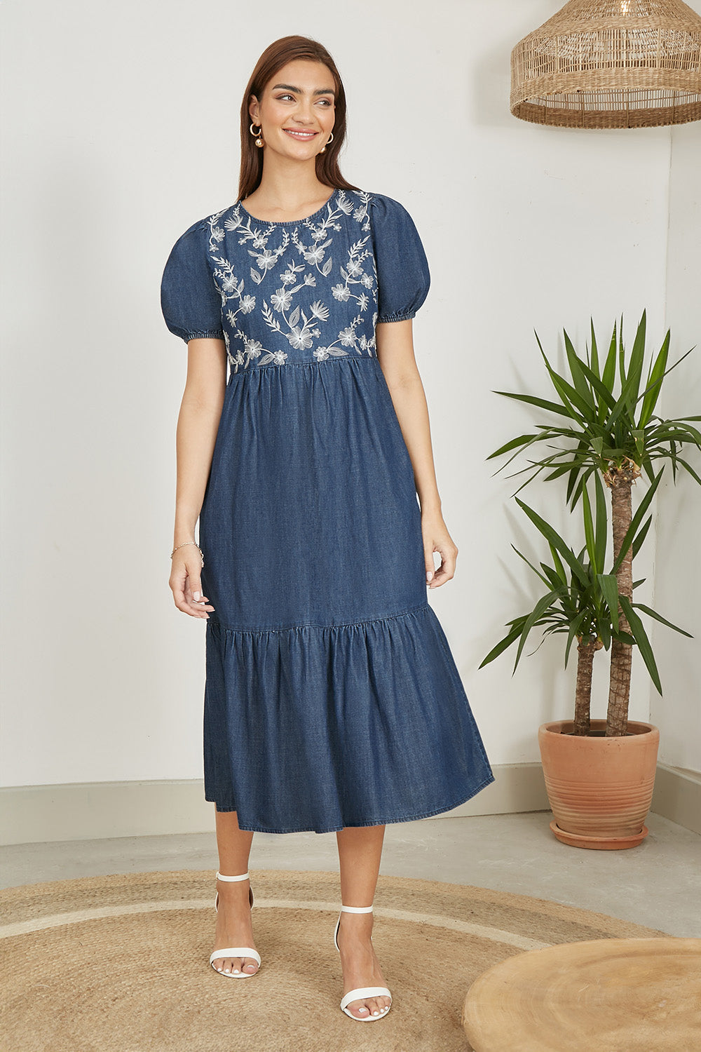 Puff Sleeve Embroidered Chambray Denim Midi Dress