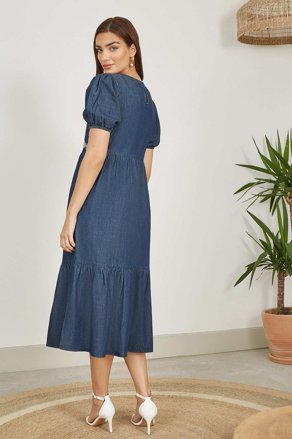 Puff Sleeve Embroidered Chambray Denim Midi Dress