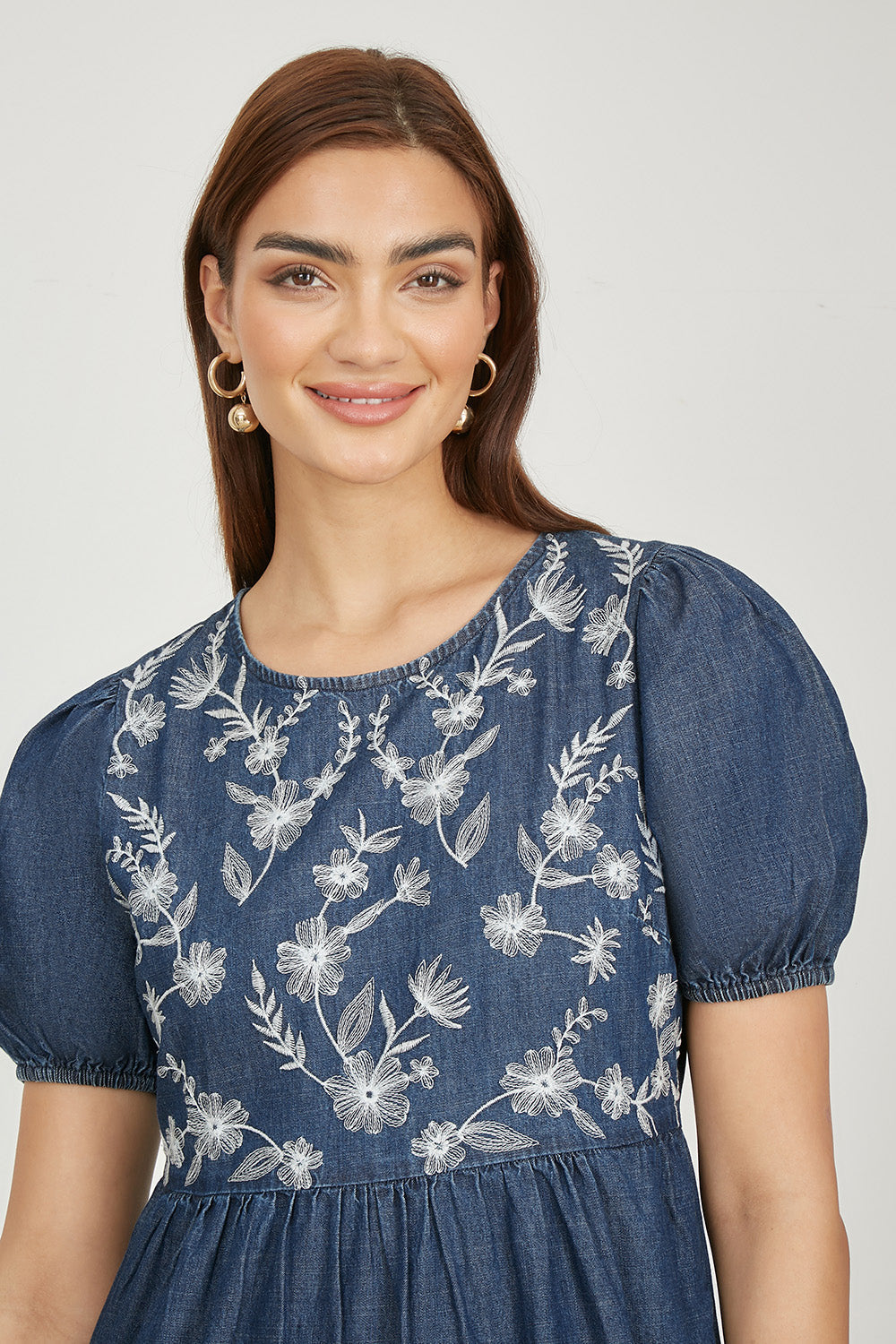 Puff Sleeve Embroidered Chambray Denim Midi Dress