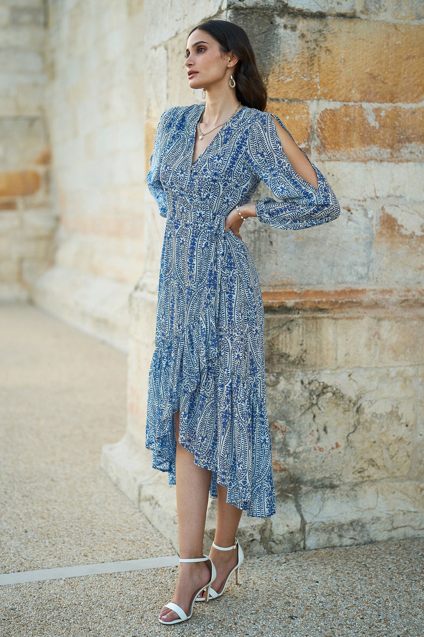 Blue Paisley Dipped Hemline Midi Dress With Open Long Sleeves
