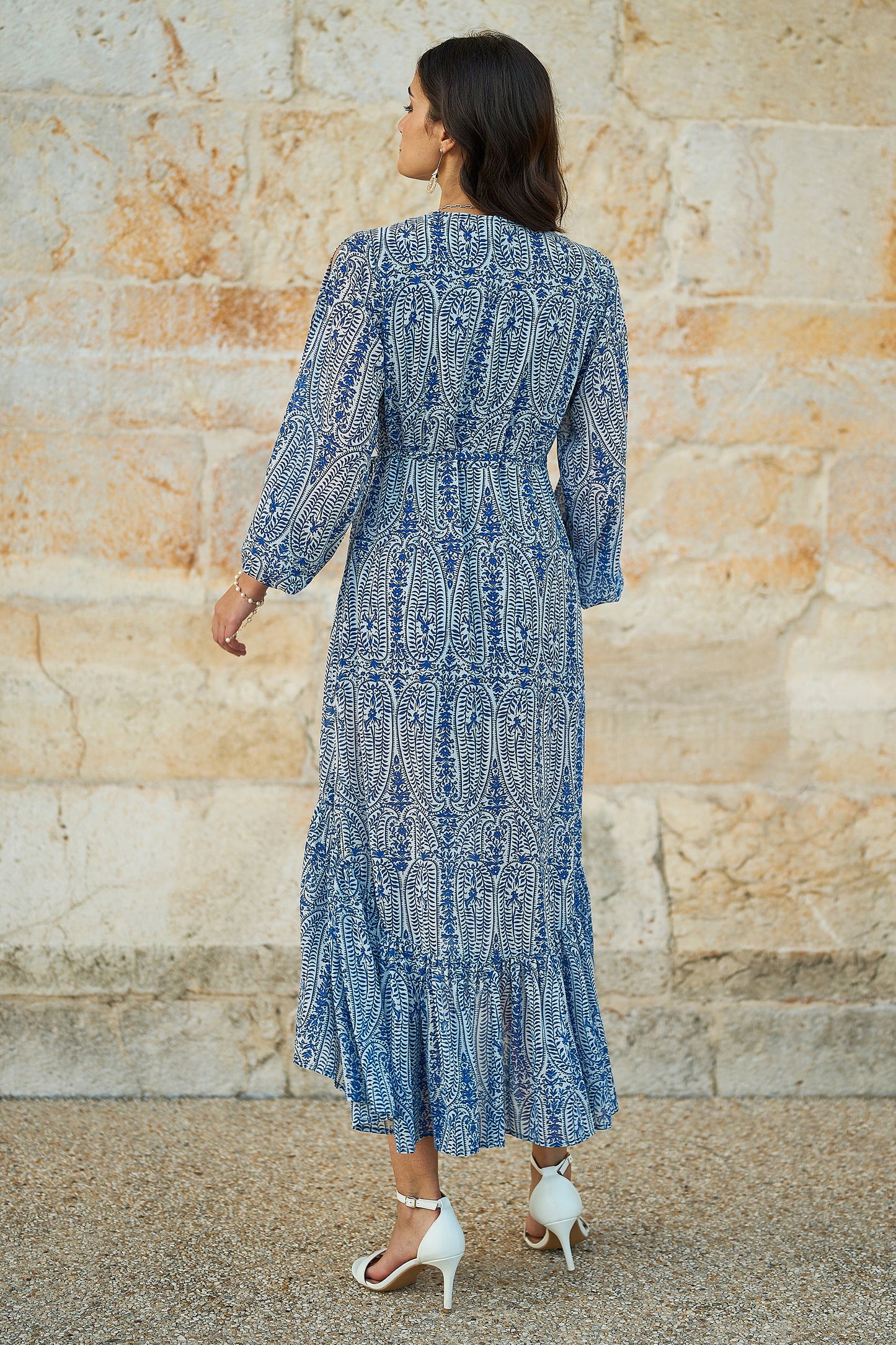 Blue Paisley Dipped Hemline Midi Dress With Open Long Sleeves