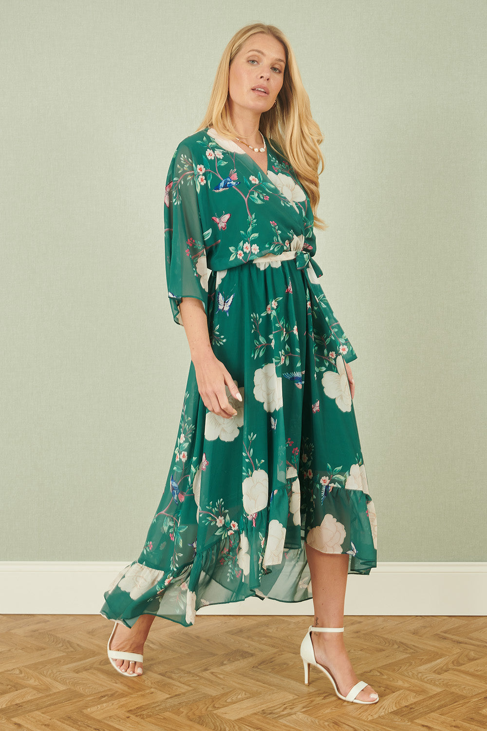 Green Bird and Floral Print Midi Wrap Dress