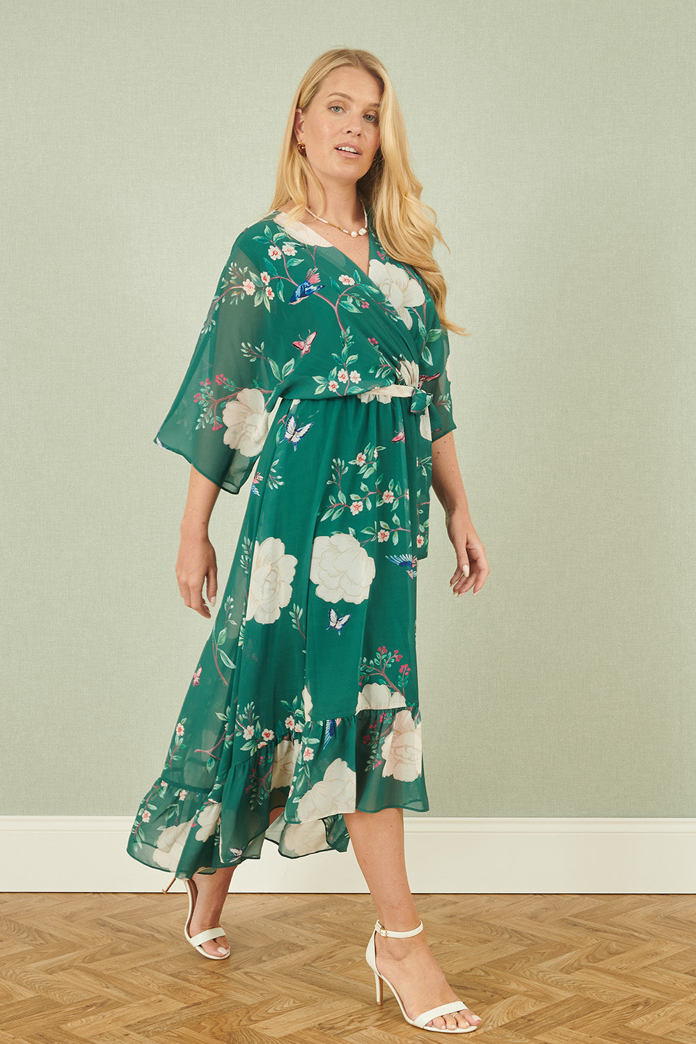 Green Bird and Floral Print Midi Wrap Dress