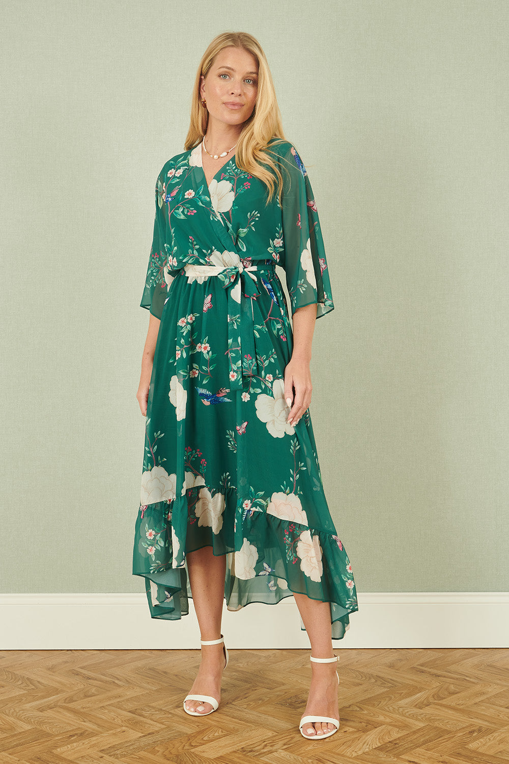 Green Bird and Floral Print Midi Wrap Dress