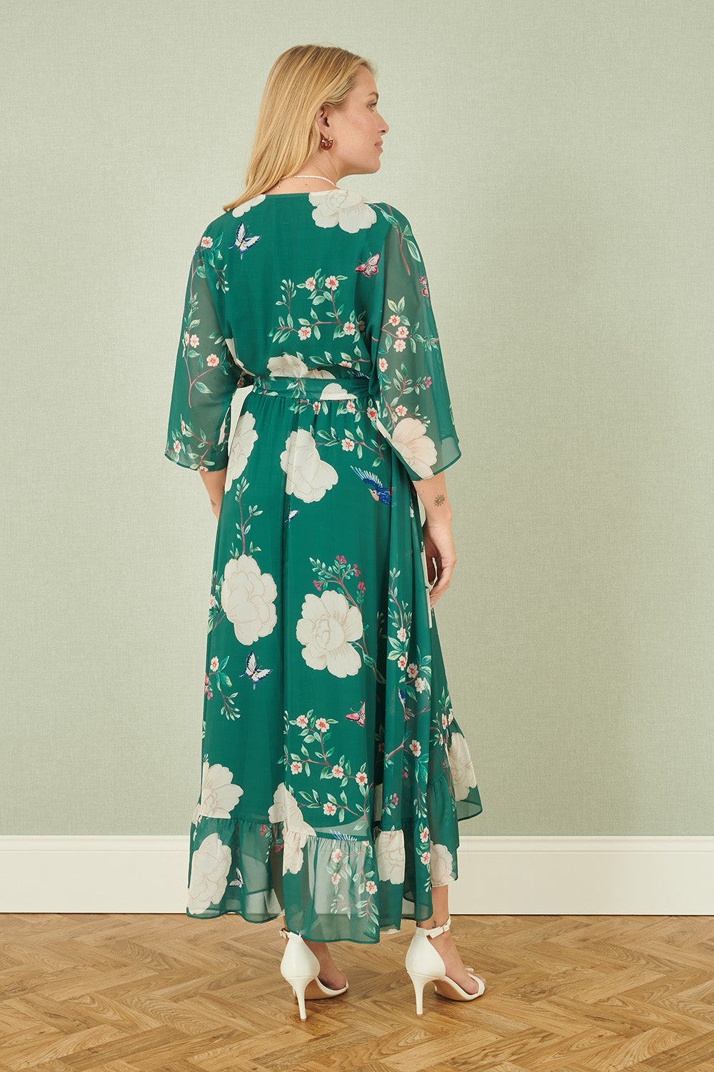 Green Bird and Floral Print Midi Wrap Dress
