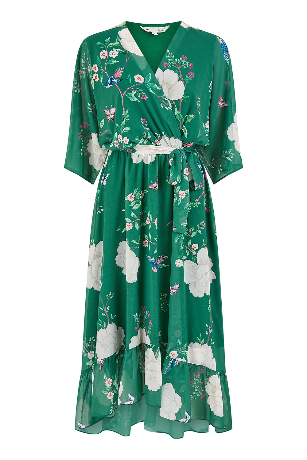 Green Bird and Floral Print Midi Wrap Dress