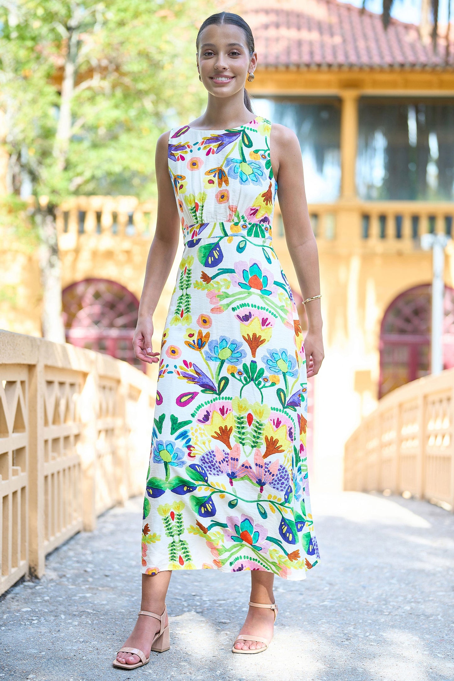 Multicolour Abstract Flower Maxi Dress With Tie Back