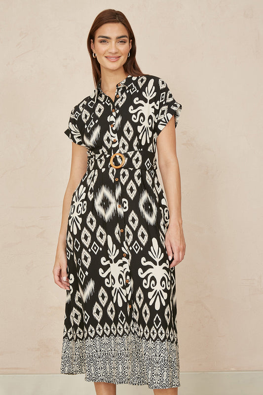 Black Abstract Geo Print Relaxed Midi Shirt Dress With Belt