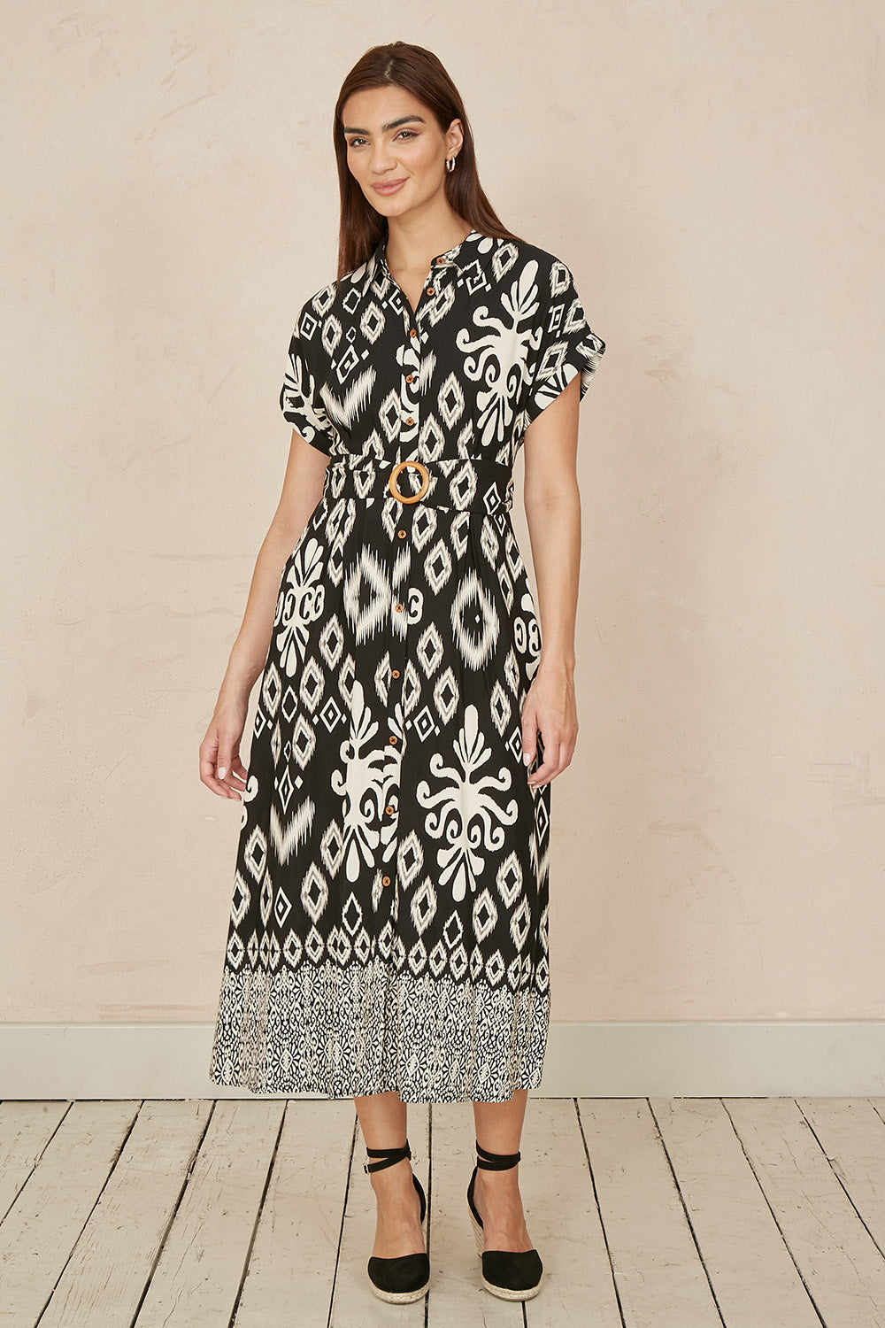 Black Abstract Geo Print Relaxed Midi Shirt Dress With Belt