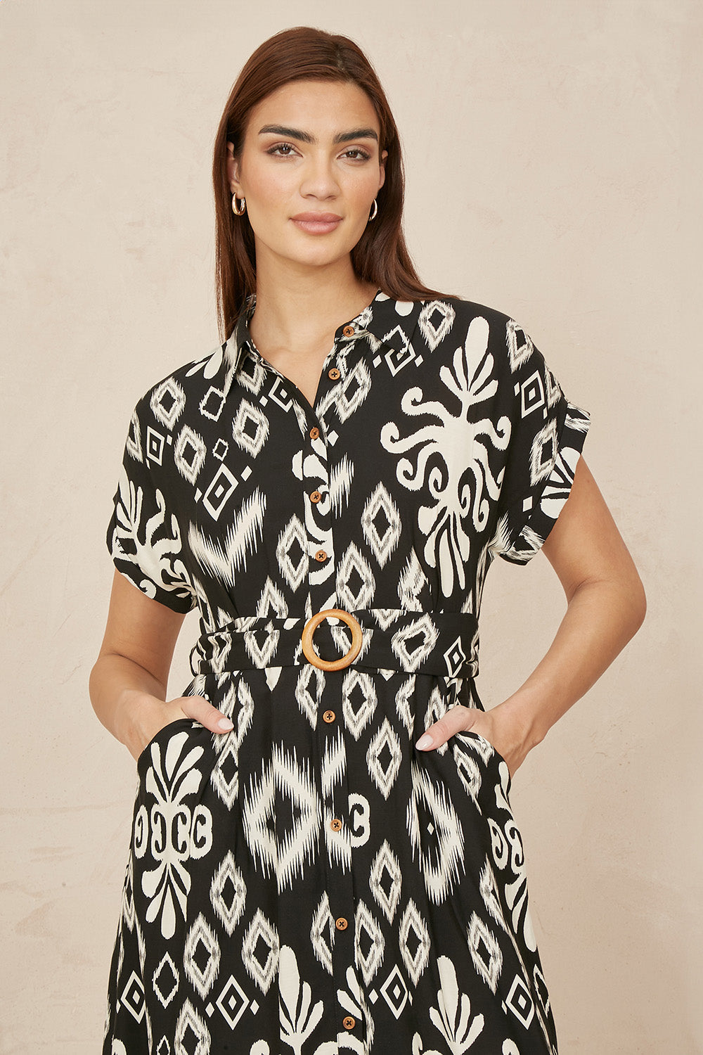 Black Abstract Geo Print Relaxed Midi Shirt Dress With Belt