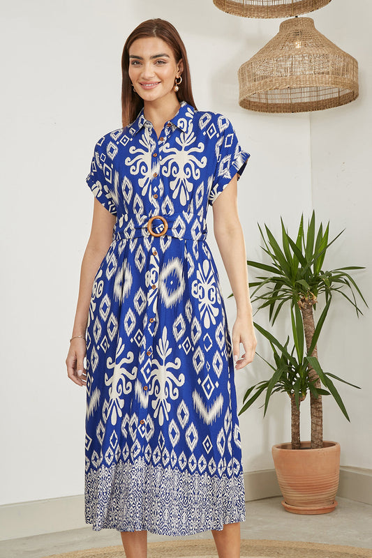 Blue Abstract Geo Print Relaxed Midi Shirt Dress With Belt