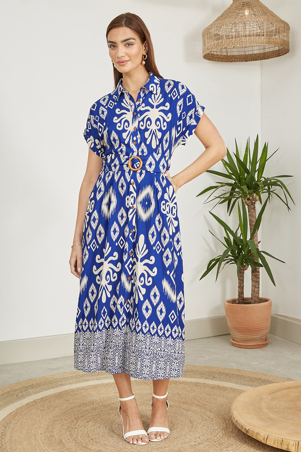 Blue Abstract Geo Print Relaxed Midi Shirt Dress With Belt