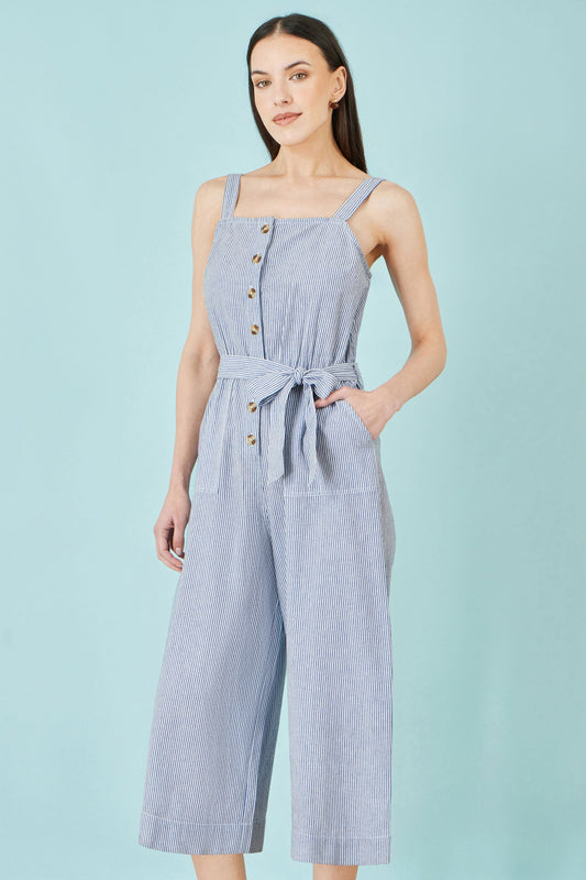 Blue Cotton Stripe Button Through Jumpsuit