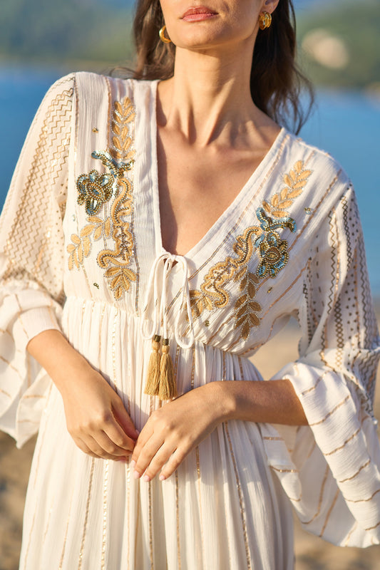 White Metallic Embellished Maxi Dress With Long Sleeves
