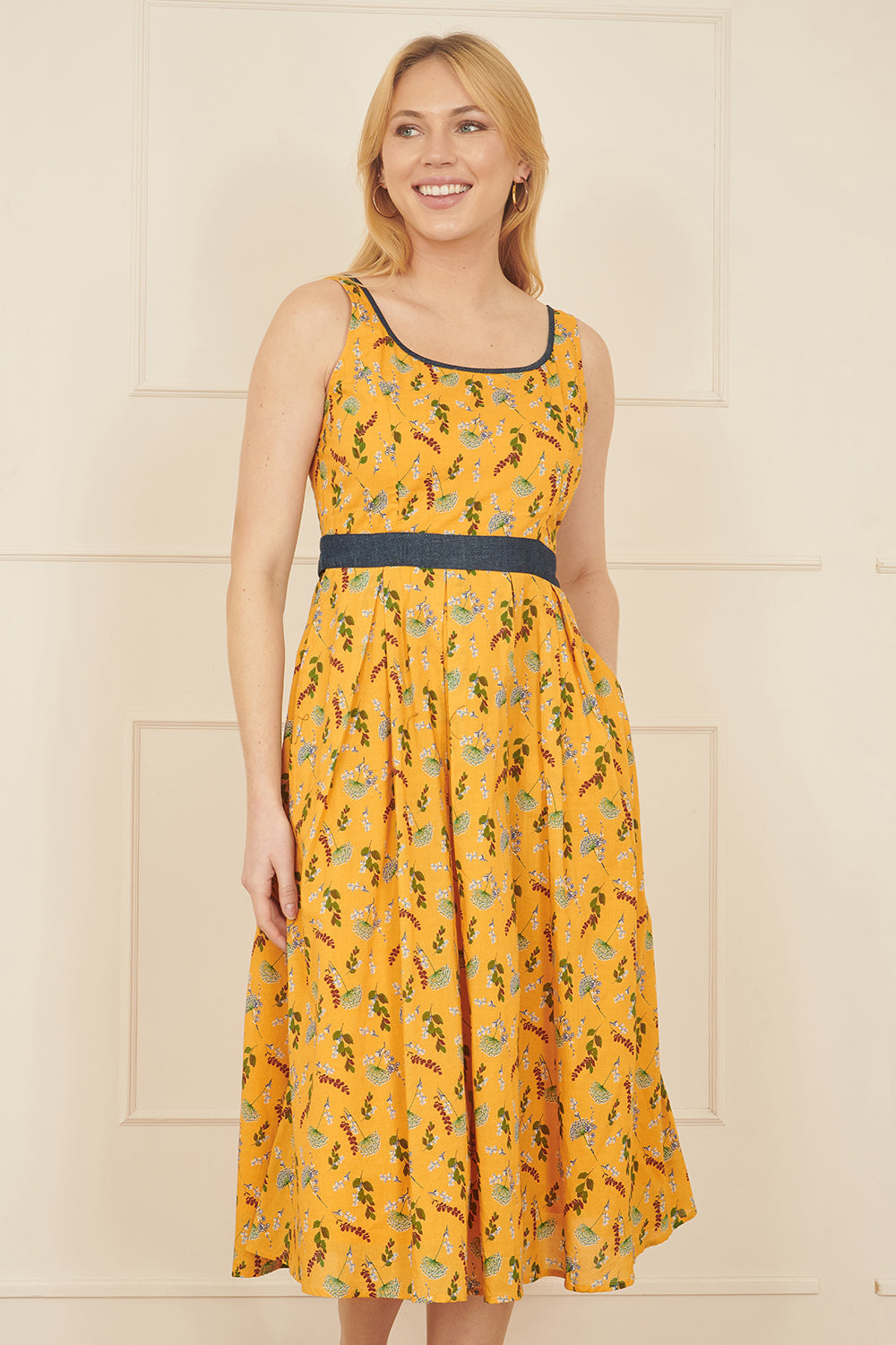Mustard Floral Skater Dress With Denim Trims