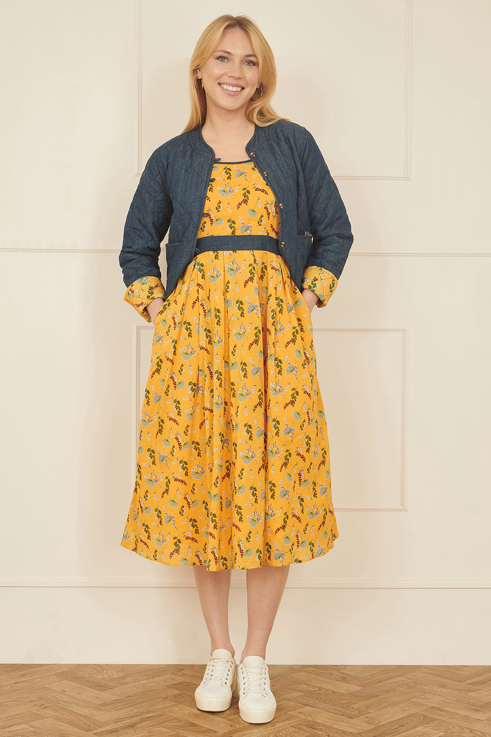 Mustard Floral Skater Dress With Denim Trims
