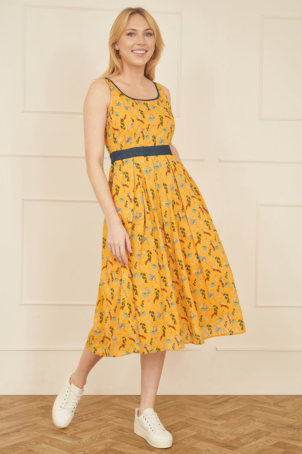 Mustard Floral Skater Dress With Denim Trims