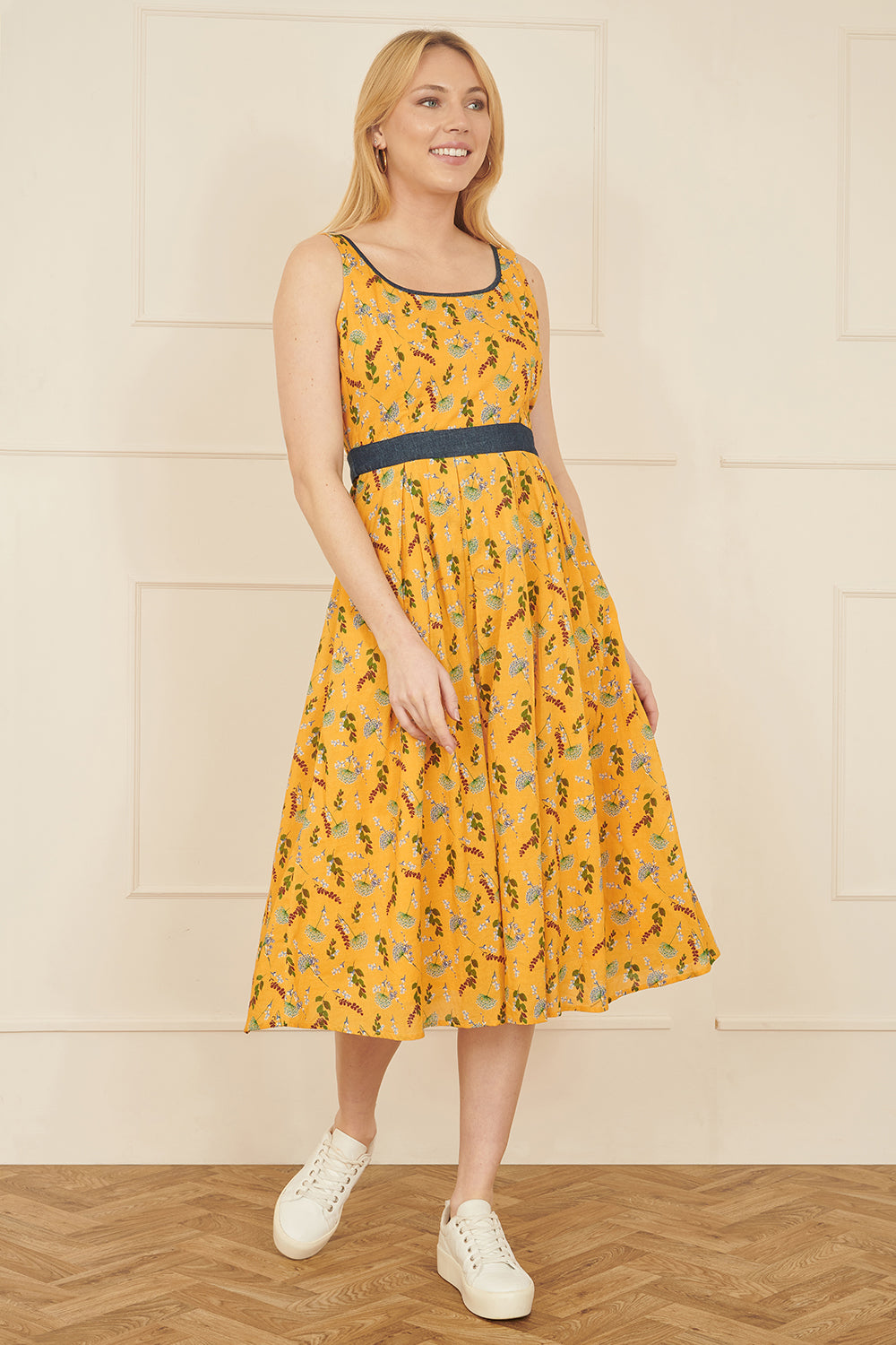 Mustard Floral Skater Dress With Denim Trims