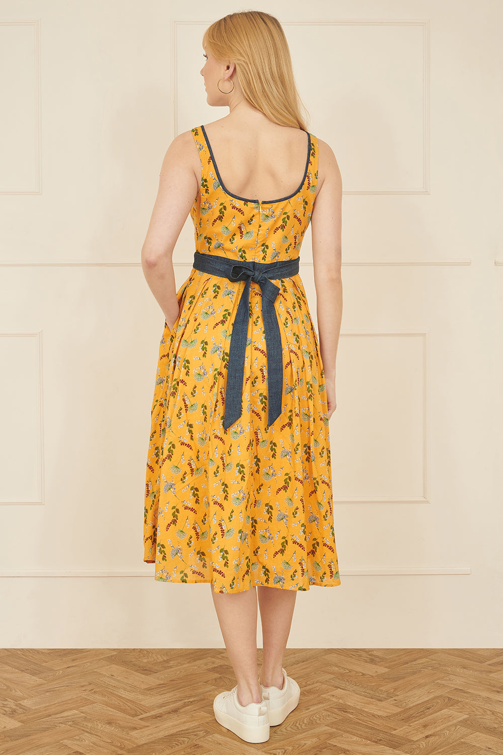 Mustard Floral Skater Dress With Denim Trims