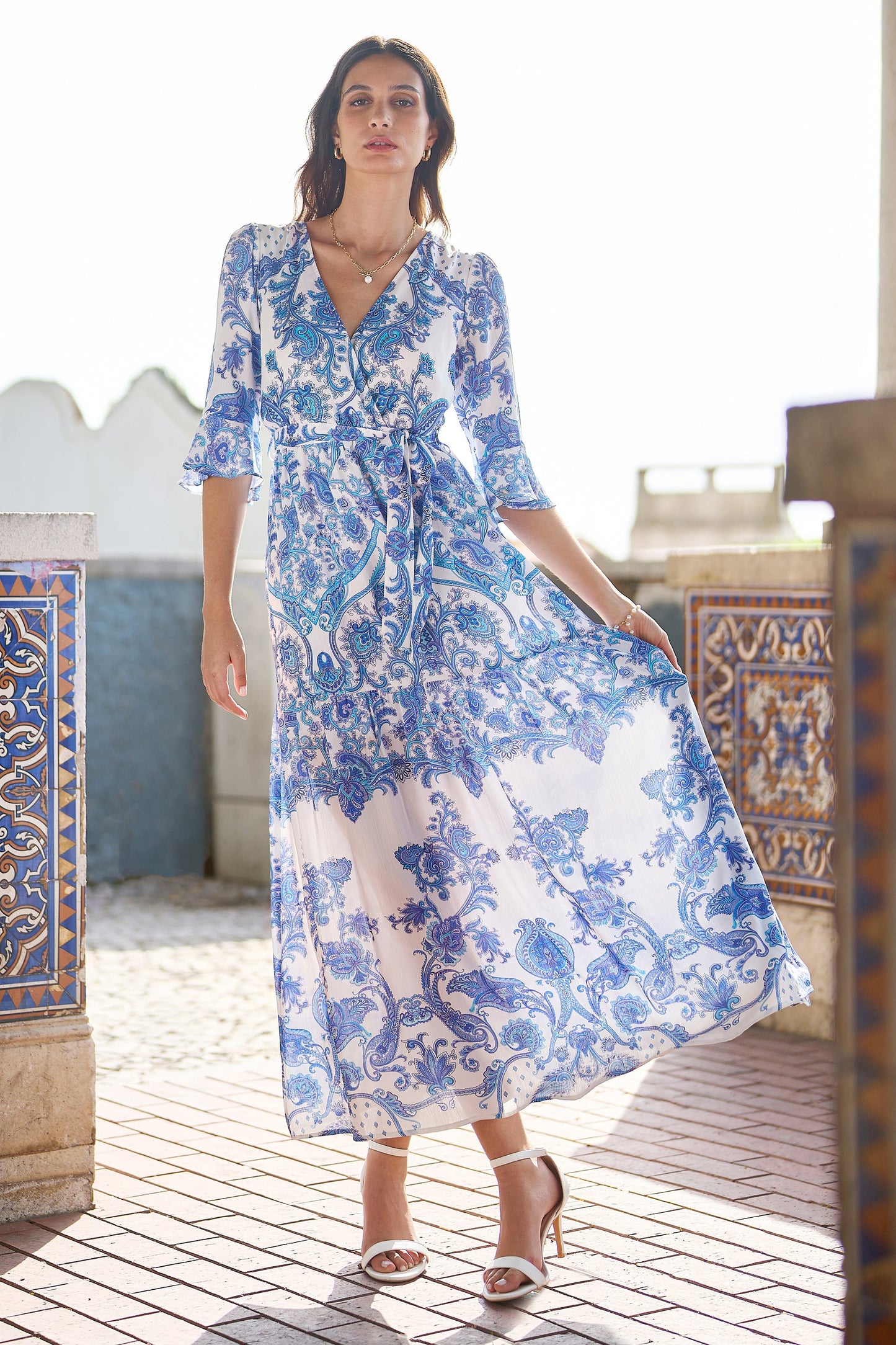Blue Paisley Wrap Maxi Dress With 3/4 Sleeve