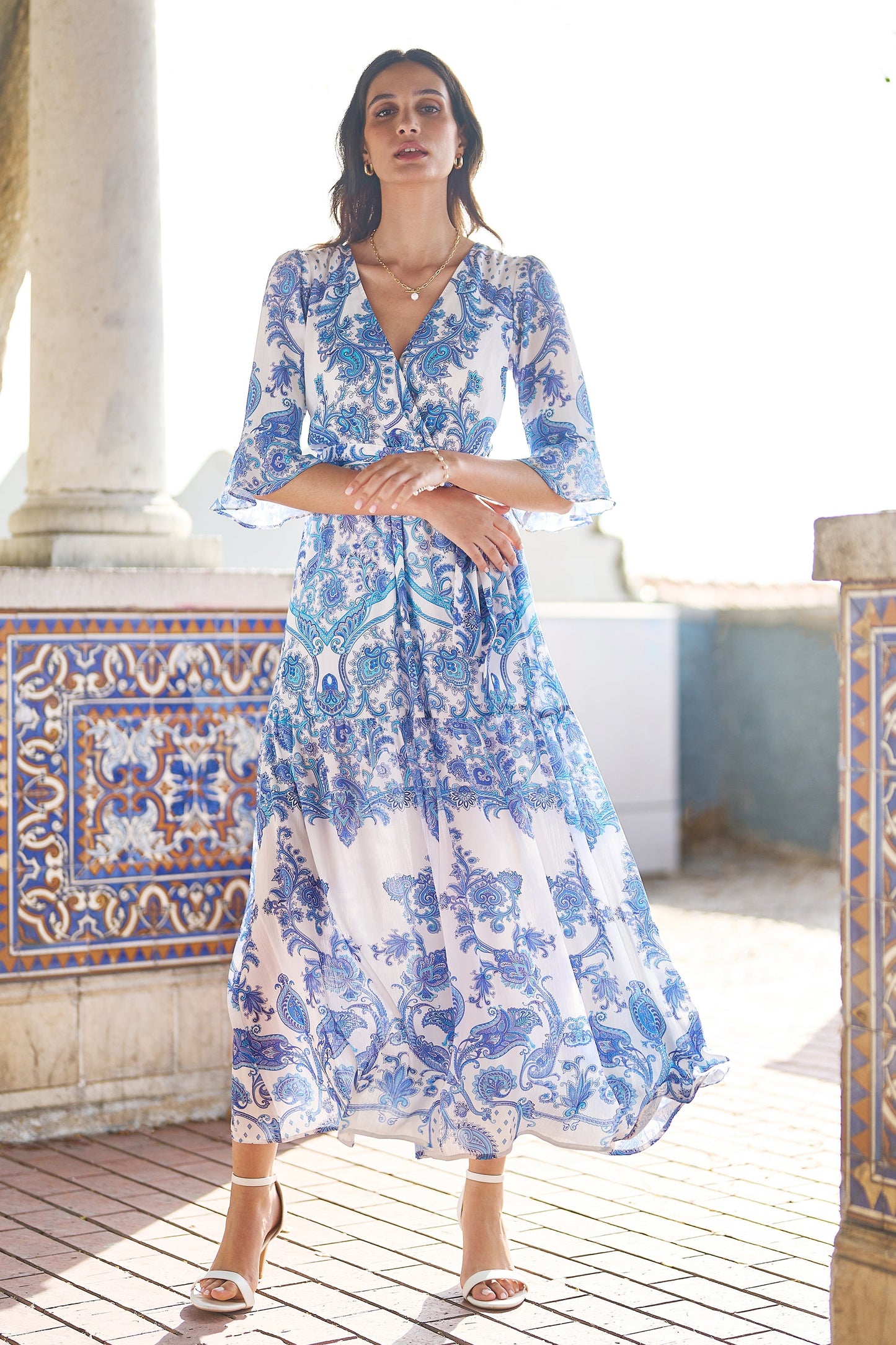 Blue Paisley Wrap Maxi Dress With 3/4 Sleeve