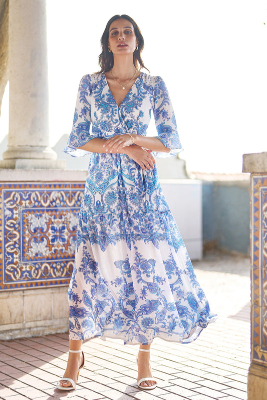 Blue Paisley Wrap Maxi Dress With 3/4 Sleeve