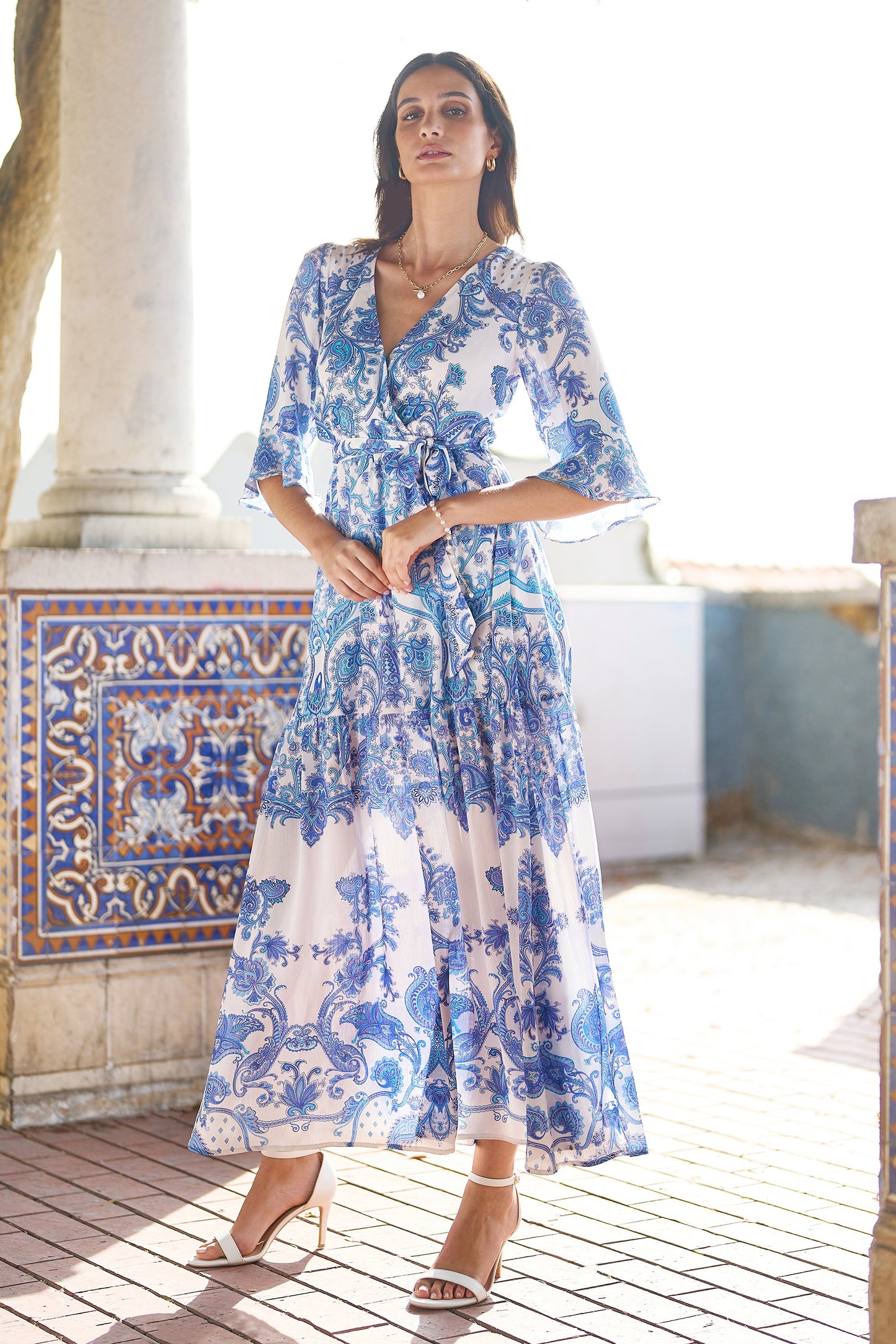 Blue Paisley Wrap Maxi Dress With 3/4 Sleeve