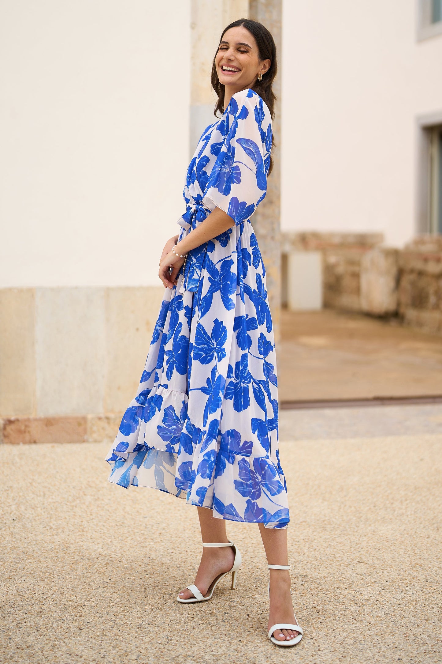 Blue Kimono Sleeves Dip Hem Wrap Dress