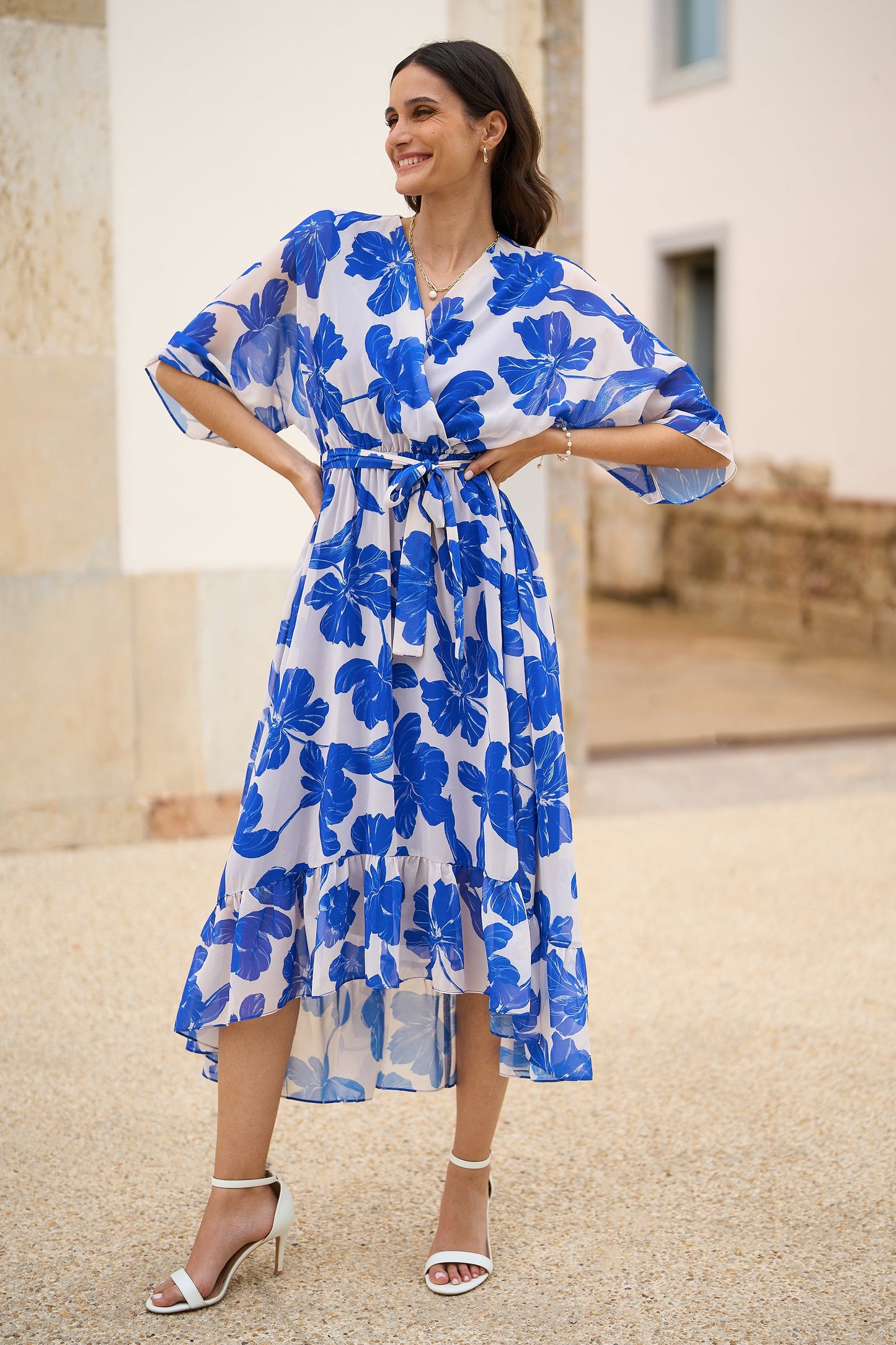 Blue Kimono Sleeves Dip Hem Wrap Dress