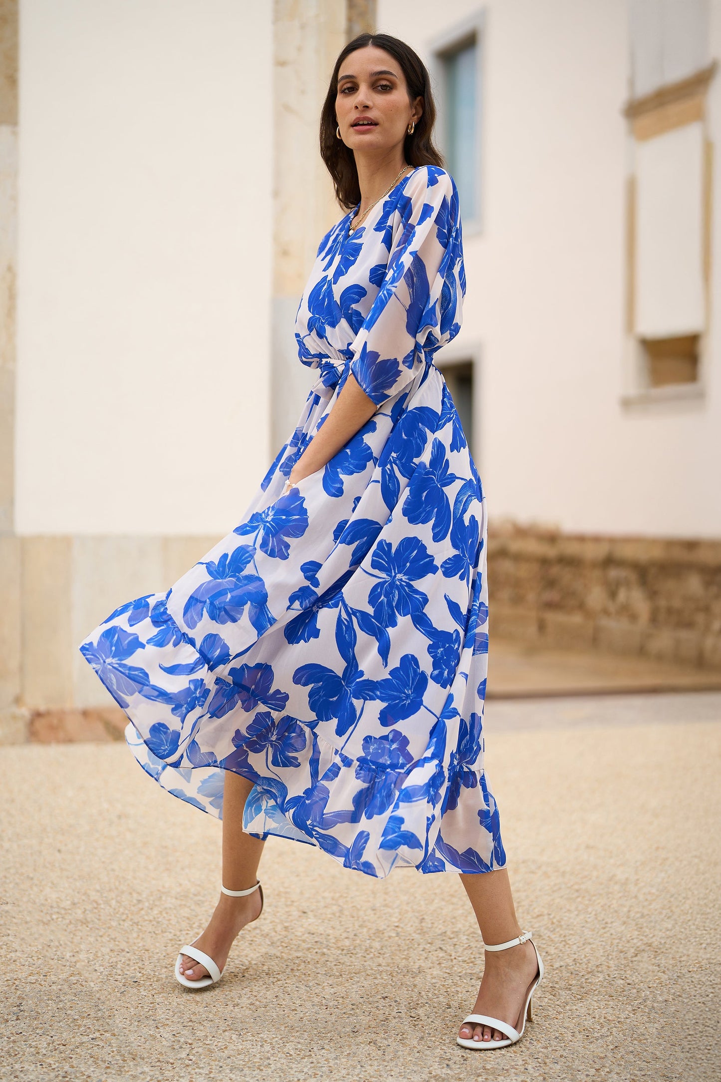 Blue Kimono Sleeves Dip Hem Wrap Dress