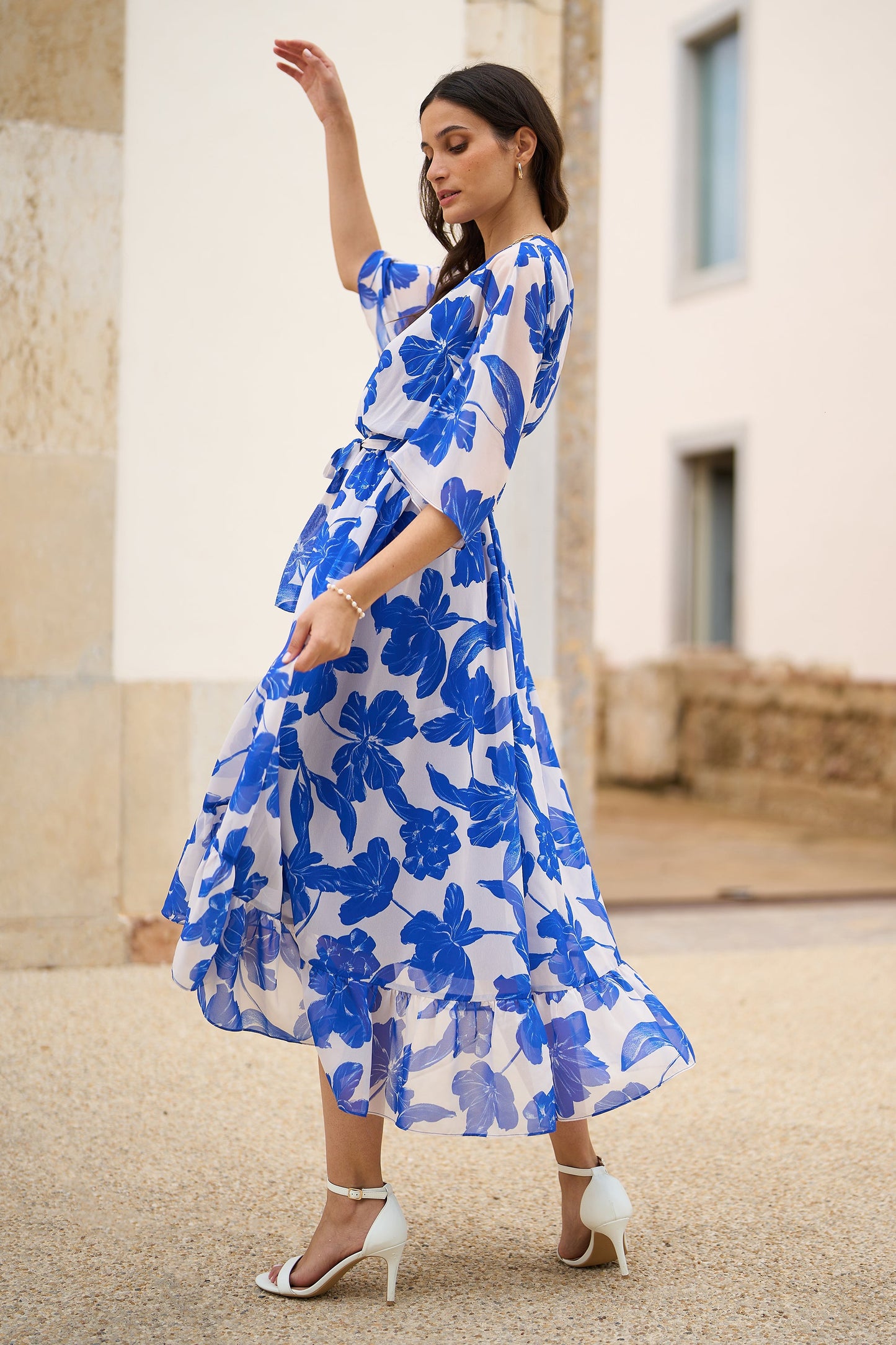 Blue Kimono Sleeves Dip Hem Wrap Dress
