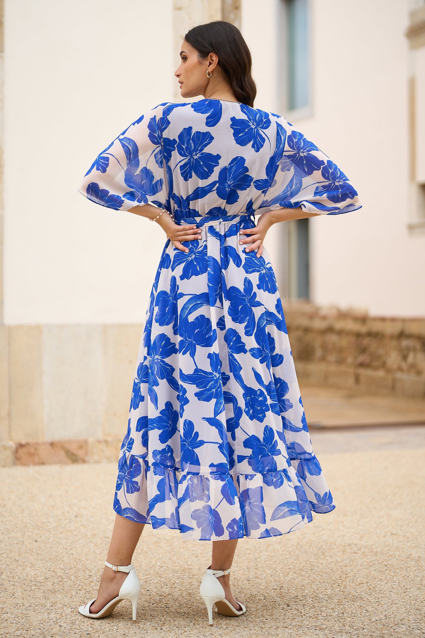 Blue Kimono Sleeves Dip Hem Wrap Dress
