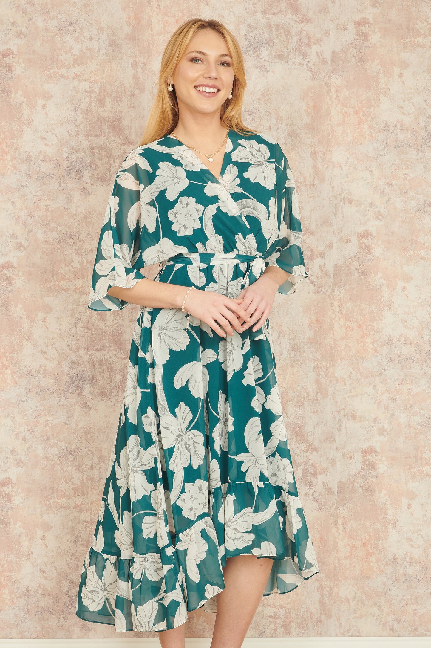Green Kimono Sleeves Dip Hem Wrap Dress