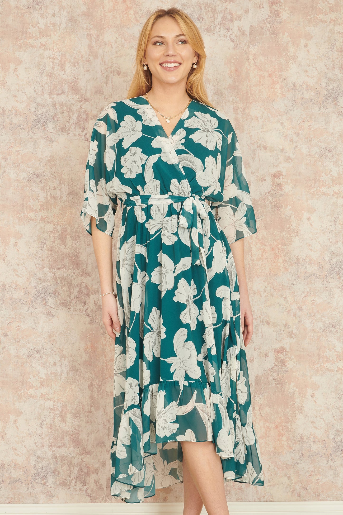 Green Kimono Sleeves Dip Hem Wrap Dress